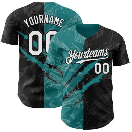Custom Graffiti Pattern White Black-Teal 3D Scratch Authentic Baseball Jersey - Sky-Custom