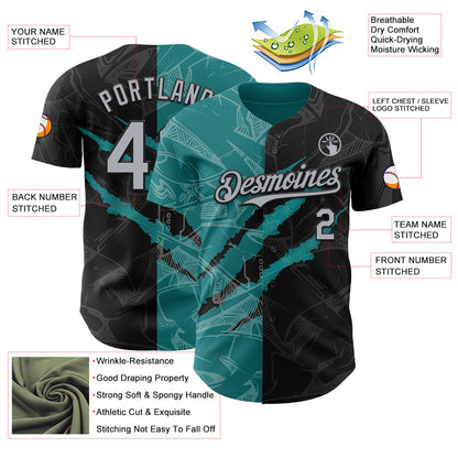 Custom Graffiti Pattern Gray Black-Teal 3D Scratch Authentic Baseball Jersey - Sky-Custom
