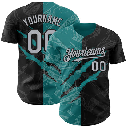 Custom Graffiti Pattern Gray Black-Teal 3D Scratch Authentic Baseball Jersey - Sky-Custom