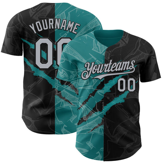 Custom Graffiti Pattern Gray Black-Teal 3D Scratch Authentic Baseball Jersey - Sky-Custom