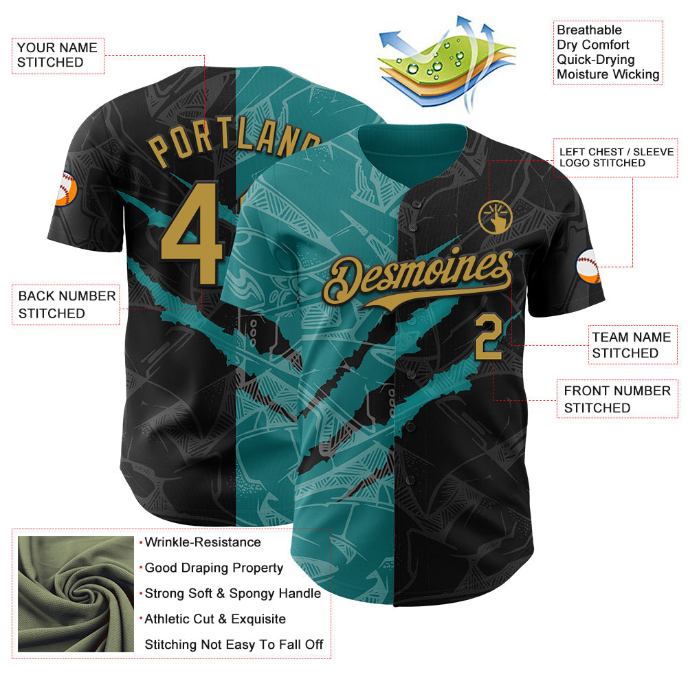 Custom Graffiti Pattern Old Gold Black-Teal 3D Scratch Authentic Baseball Jersey - Sky-Custom