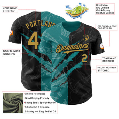 Custom Graffiti Pattern Old Gold Black-Teal 3D Scratch Authentic Baseball Jersey - Sky-Custom
