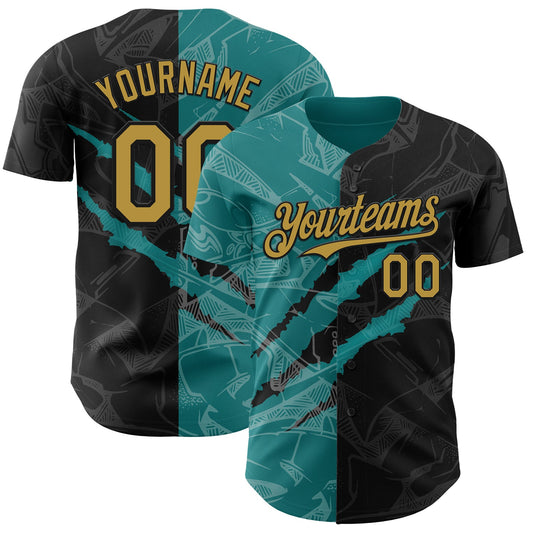 Custom Graffiti Pattern Old Gold Black-Teal 3D Scratch Authentic Baseball Jersey - Sky-Custom