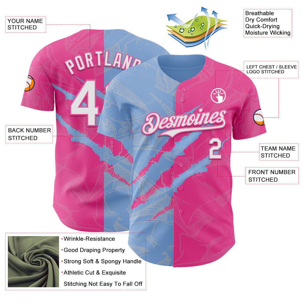 Custom Graffiti Pattern White Pink-Light Blue 3D Scratch Authentic Baseball Jersey - Sky-Custom
