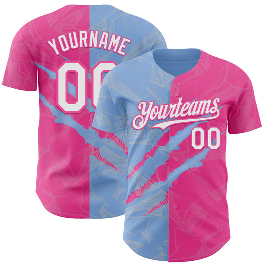 Custom Graffiti Pattern White Pink-Light Blue 3D Scratch Authentic Baseball Jersey - Sky-Custom