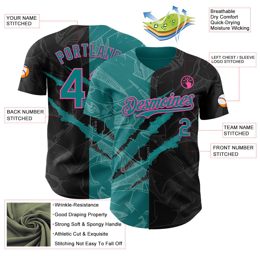 Custom Graffiti Pattern Teal Black-Pink 3D Scratch Authentic Baseball Jersey - Sky-Custom