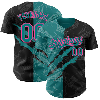 Custom Graffiti Pattern Teal Black-Pink 3D Scratch Authentic Baseball Jersey - Sky-Custom