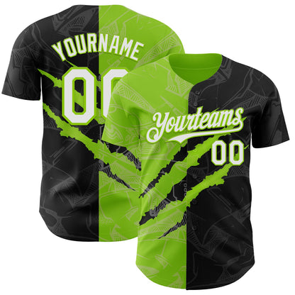 Custom Graffiti Pattern White Black-Neon Green 3D Scratch Authentic Baseball Jersey - Sky-Custom