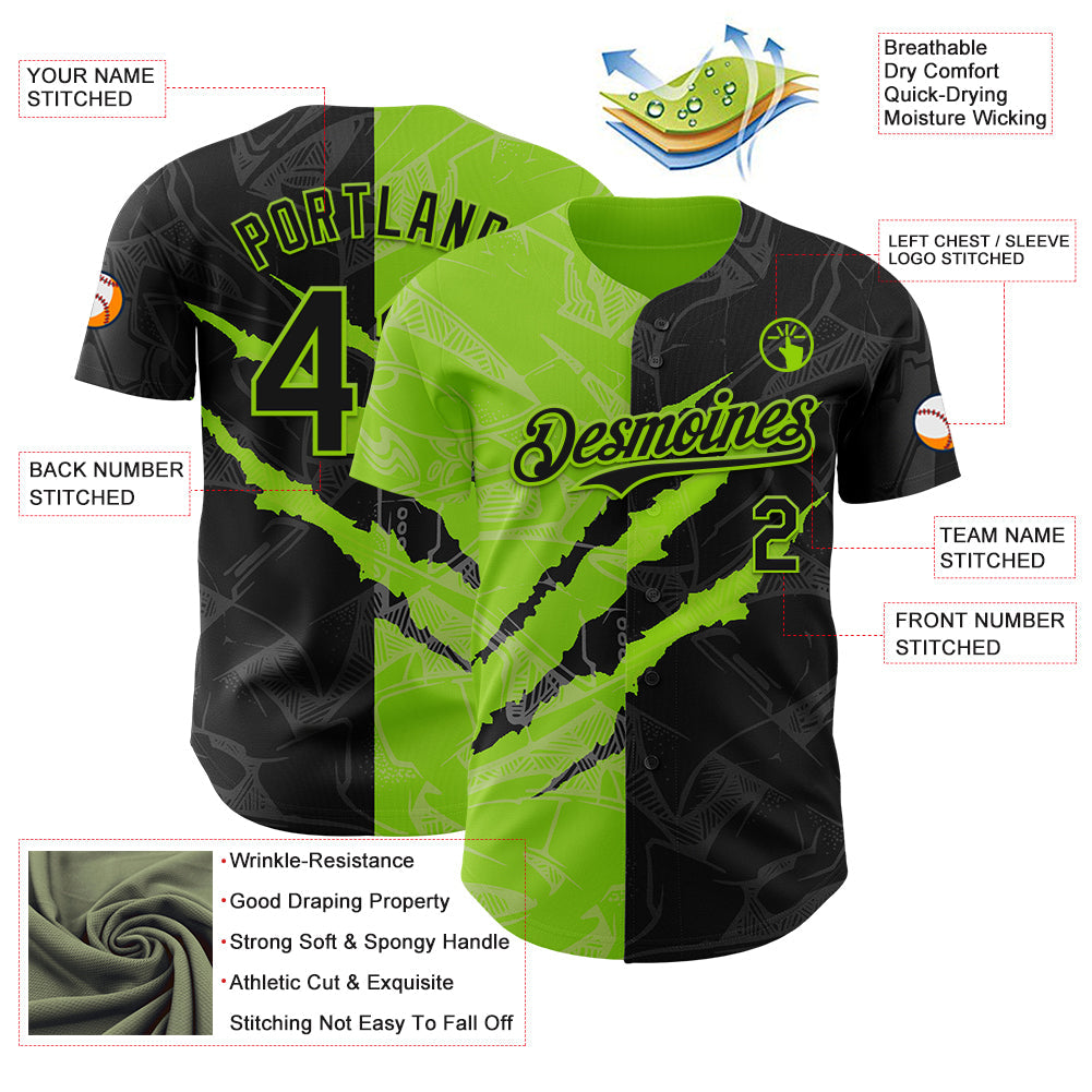 Custom Graffiti Pattern Black-Neon Green 3D Scratch Authentic Baseball Jersey - Sky-Custom