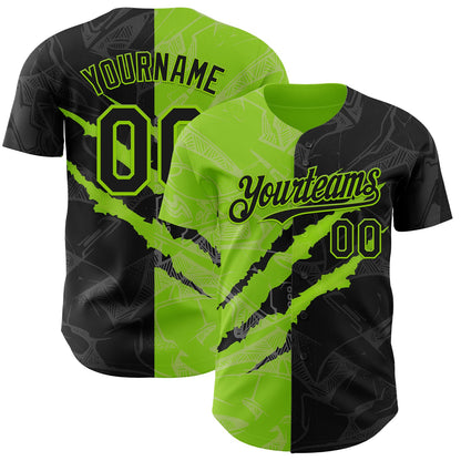 Custom Graffiti Pattern Black-Neon Green 3D Scratch Authentic Baseball Jersey - Sky-Custom