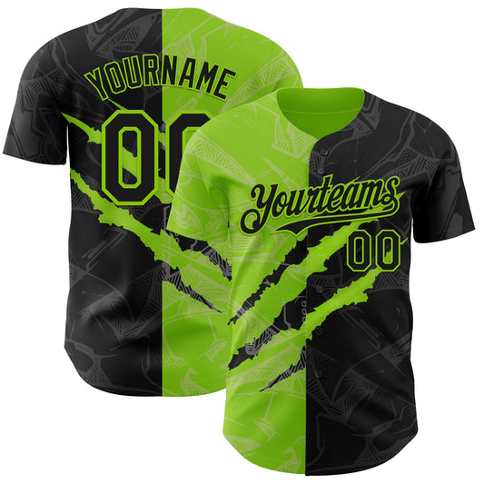 Custom Graffiti Pattern Black-Neon Green 3D Scratch Authentic Baseball Jersey - Sky-Custom