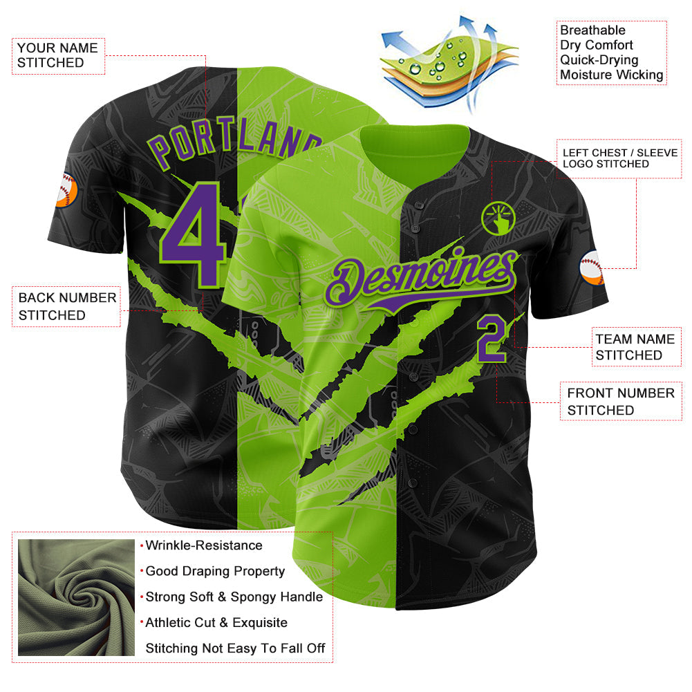 Custom Graffiti Pattern Purple Black-Neon Green 3D Scratch Authentic Baseball Jersey - Sky-Custom
