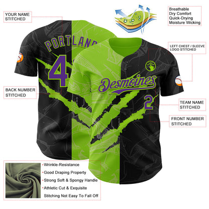 Custom Graffiti Pattern Purple Black-Neon Green 3D Scratch Authentic Baseball Jersey - Sky-Custom