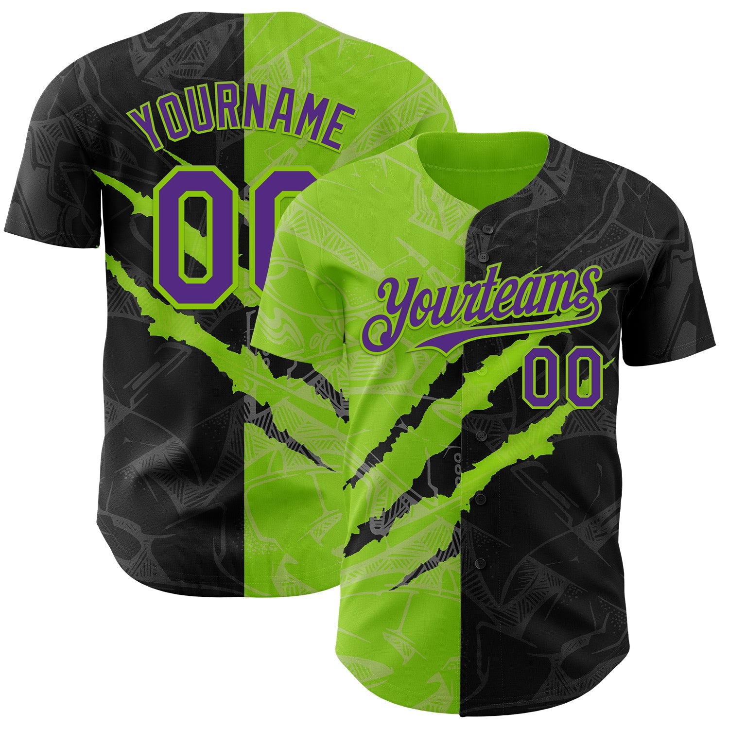 Custom Graffiti Pattern Purple Black-Neon Green 3D Scratch Authentic Baseball Jersey - Sky-Custom