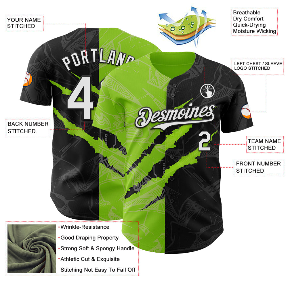 Custom Graffiti Pattern White Black-Neon Green 3D Scratch Authentic Baseball Jersey - Sky-Custom