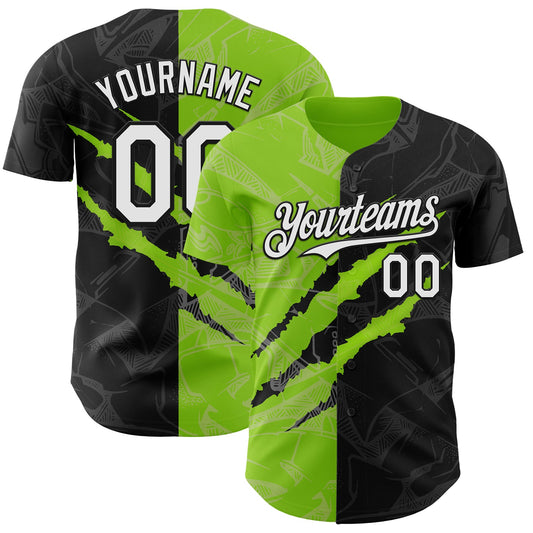 Custom Graffiti Pattern White Black-Neon Green 3D Scratch Authentic Baseball Jersey - Sky-Custom