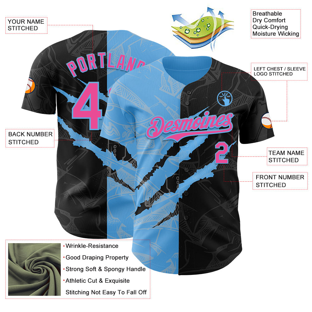 Custom Graffiti Pattern Pink Black-Sky Blue 3D Scratch Authentic Baseball Jersey - Sky-Custom