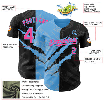 Custom Graffiti Pattern Pink Black-Sky Blue 3D Scratch Authentic Baseball Jersey - Sky-Custom
