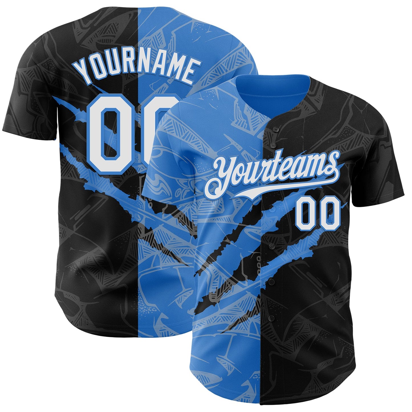 Custom Graffiti Pattern White Black-Electric Blue 3D Scratch Authentic Baseball Jersey - Sky-Custom
