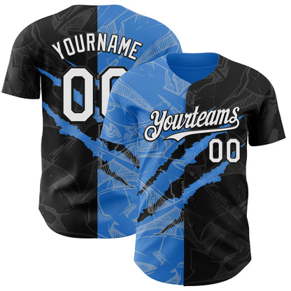 Custom Graffiti Pattern White Black-Electric Blue 3D Scratch Authentic Baseball Jersey - Sky-Custom