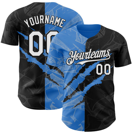 Custom Graffiti Pattern White Black-Electric Blue 3D Scratch Authentic Baseball Jersey - Sky-Custom