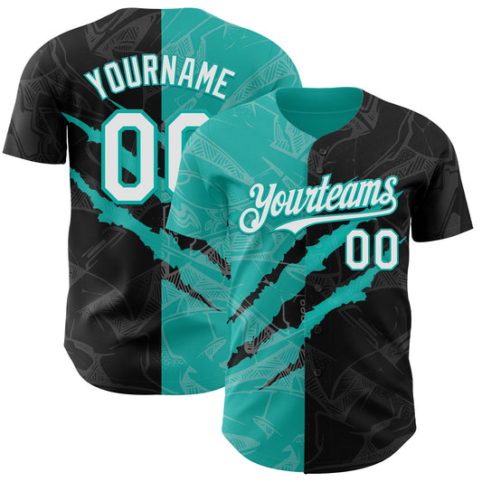 Custom Graffiti Pattern White Black-Aqua 3D Scratch Authentic Baseball Jersey - Sky-Custom