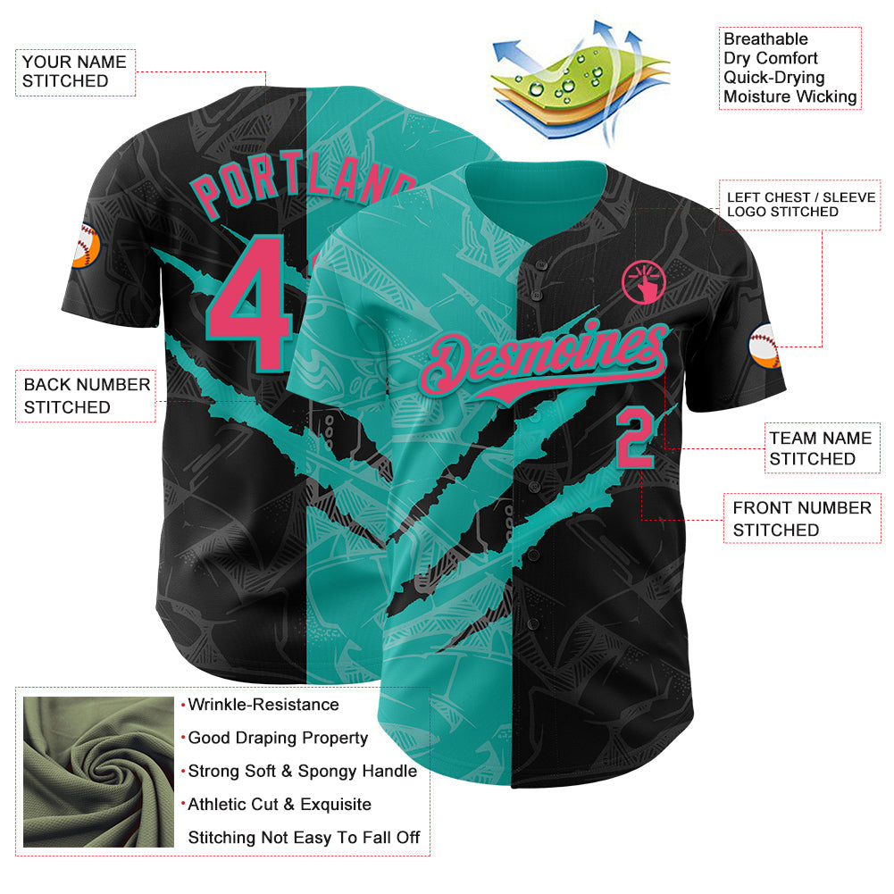 Custom Graffiti Pattern Neon Pink Black-Aqua 3D Scratch Authentic Baseball Jersey - Sky-Custom