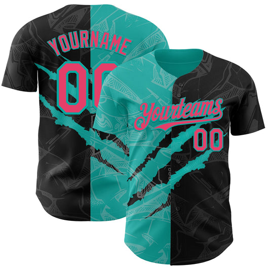 Custom Graffiti Pattern Neon Pink Black-Aqua 3D Scratch Authentic Baseball Jersey - Sky-Custom