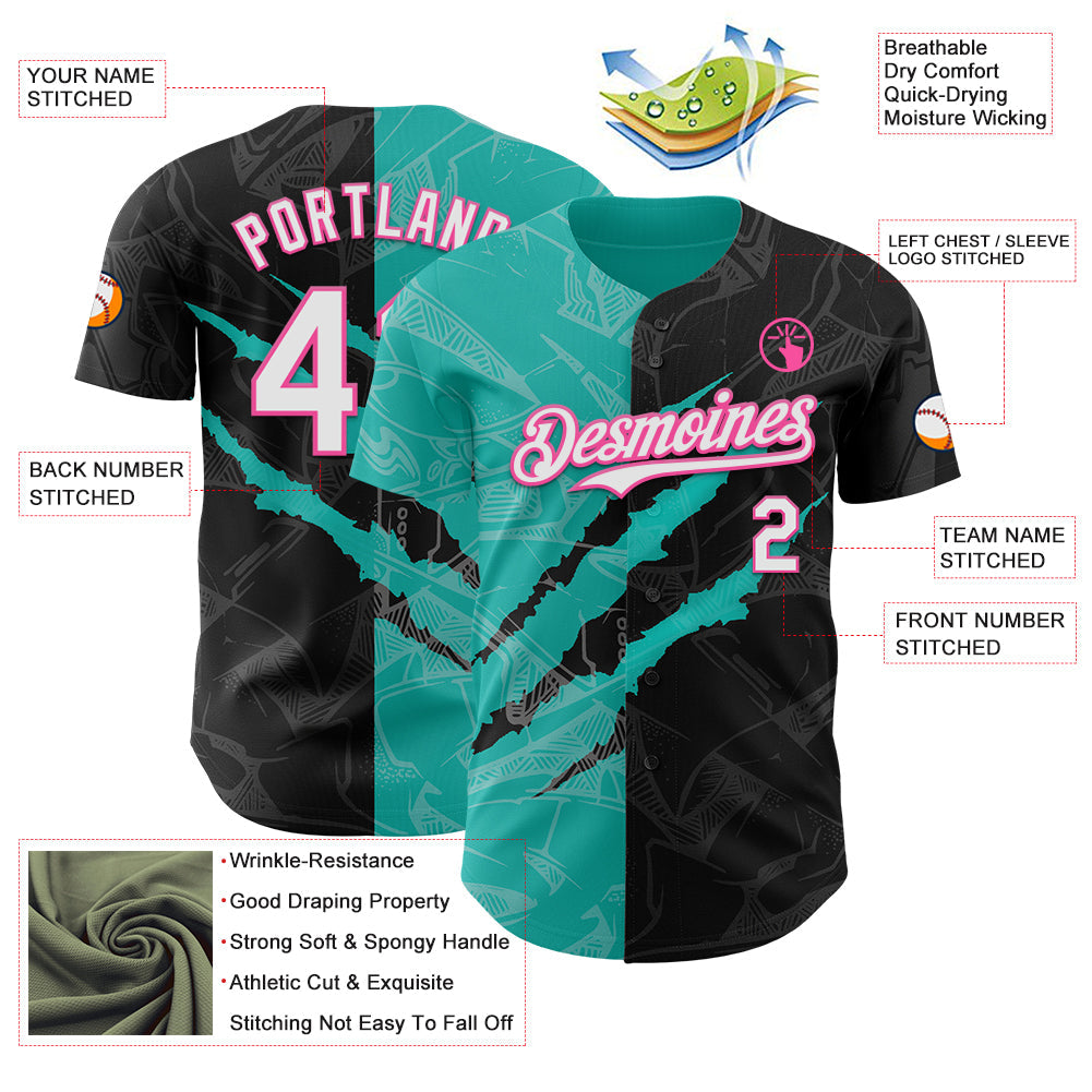 Custom Graffiti Pattern White Black Aqua-Pink 3D Scratch Authentic Baseball Jersey - Sky-Custom