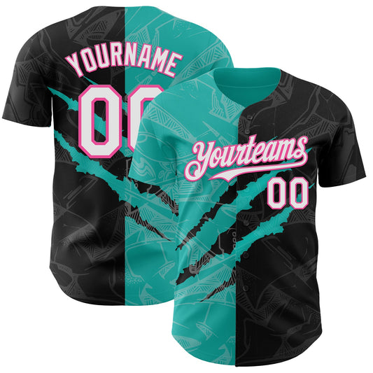 Custom Graffiti Pattern White Black Aqua-Pink 3D Scratch Authentic Baseball Jersey - Sky-Custom