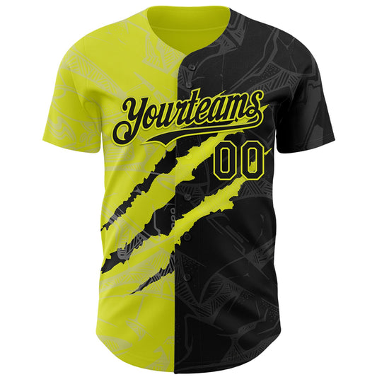Custom Graffiti Pattern Black-Neon Yellow 3D Scratch Authentic Baseball Jersey - Sky-Custom