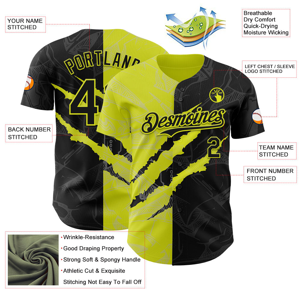 Custom Graffiti Pattern Black-Neon Yellow 3D Scratch Authentic Baseball Jersey - Sky-Custom