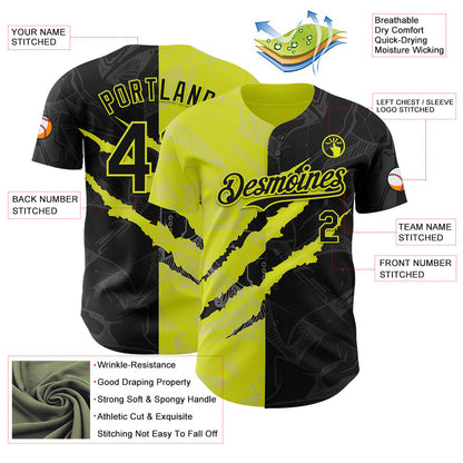 Custom Graffiti Pattern Black-Neon Yellow 3D Scratch Authentic Baseball Jersey - Sky-Custom