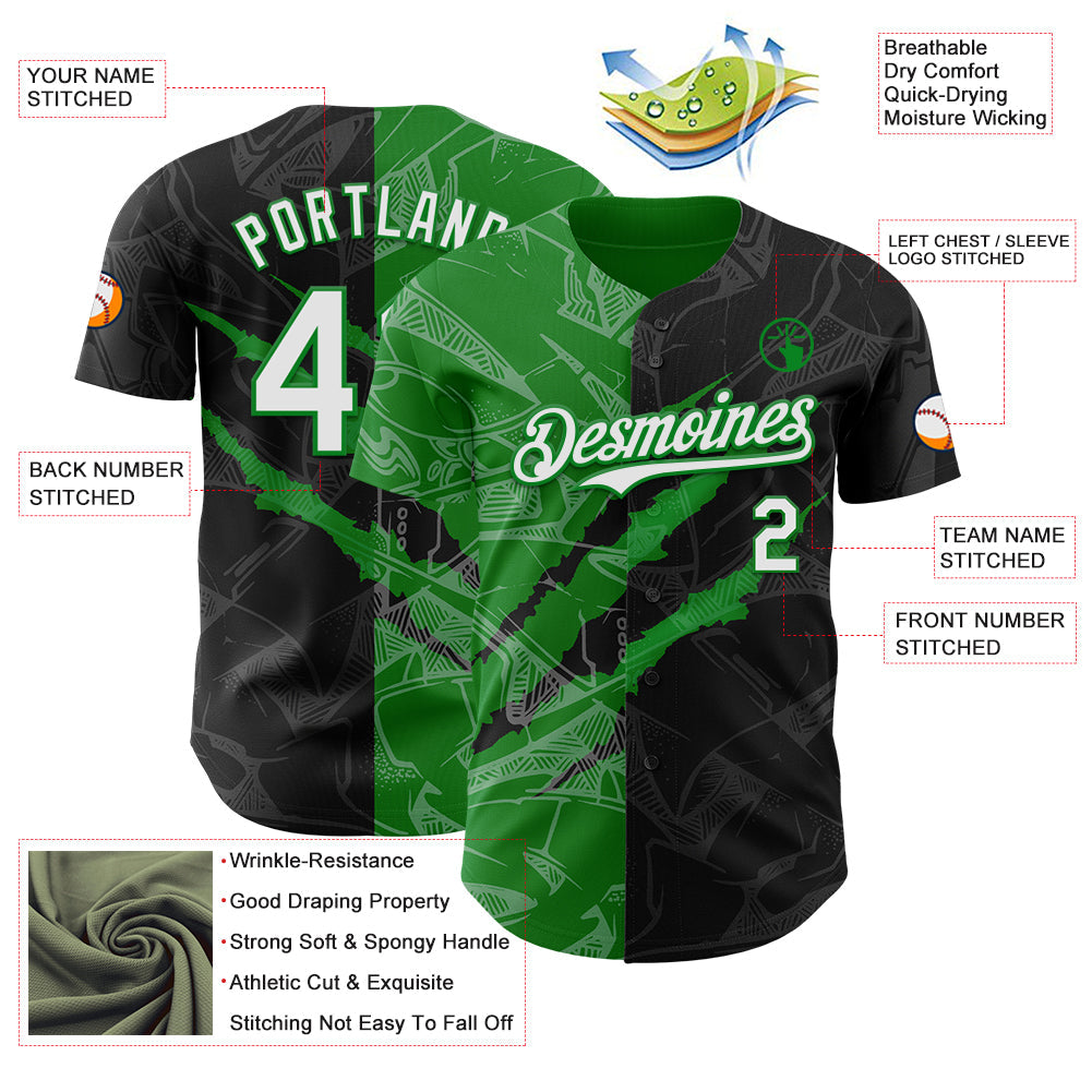 Custom Graffiti Pattern White Black-Grass Green 3D Scratch Authentic Baseball Jersey - Sky-Custom