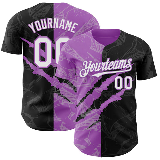 Custom Graffiti Pattern White Black-Medium Purple 3D Scratch Authentic Baseball Jersey - Sky-Custom