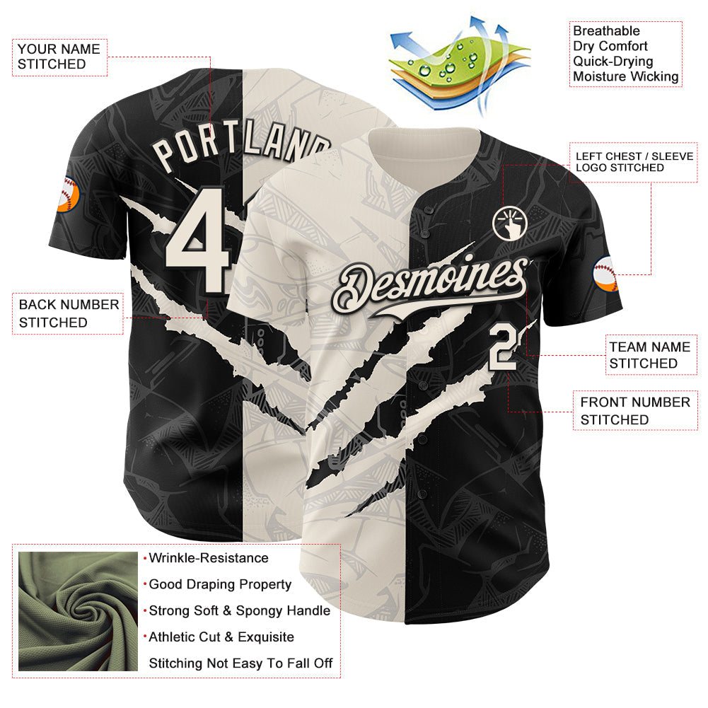Custom Graffiti Pattern Cream-Black 3D Scratch Authentic Baseball Jersey - Sky-Custom
