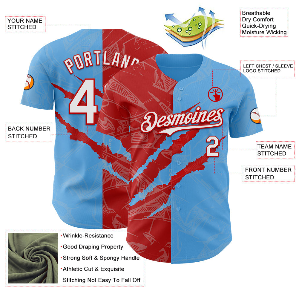 Custom Graffiti Pattern White Sky Blue-Red 3D Scratch Authentic Baseball Jersey - Sky-Custom