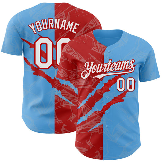 Custom Graffiti Pattern White Sky Blue-Red 3D Scratch Authentic Baseball Jersey - Sky-Custom