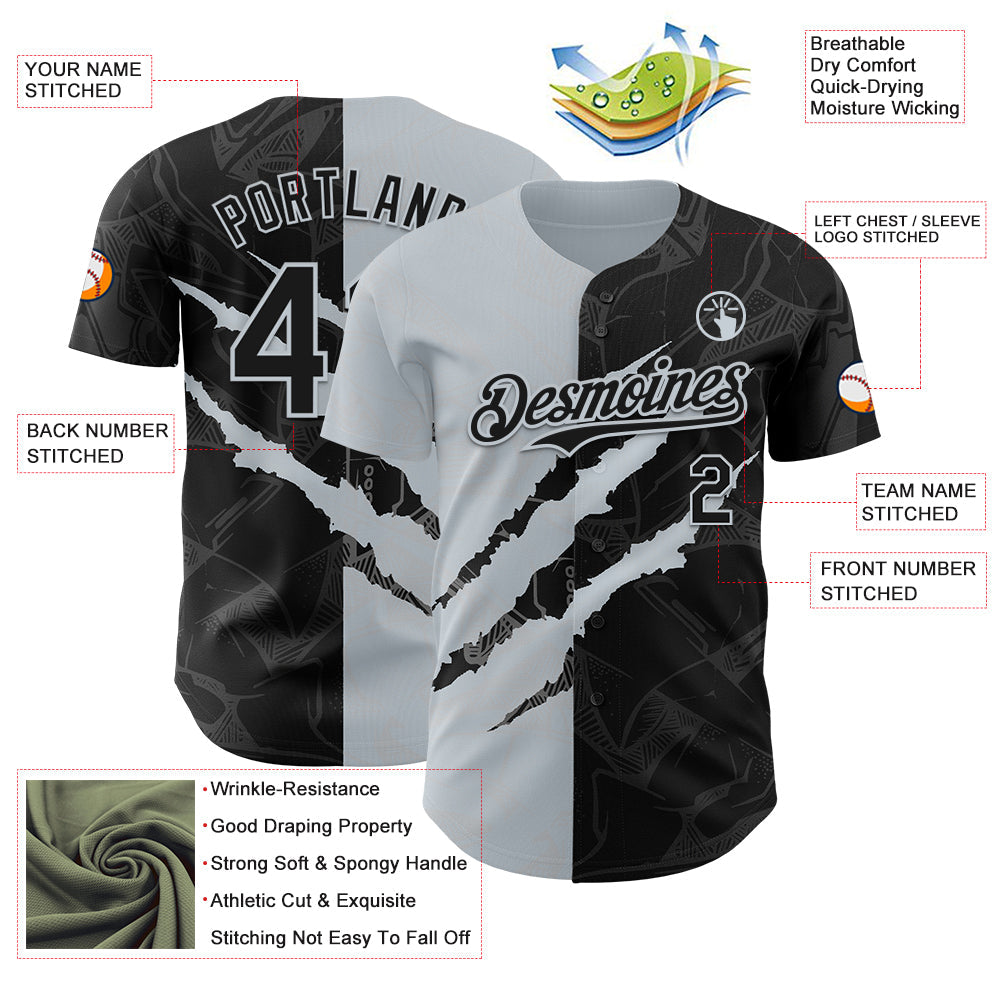 Custom Graffiti Pattern Black-Silver 3D Scratch Authentic Baseball Jersey - Sky-Custom