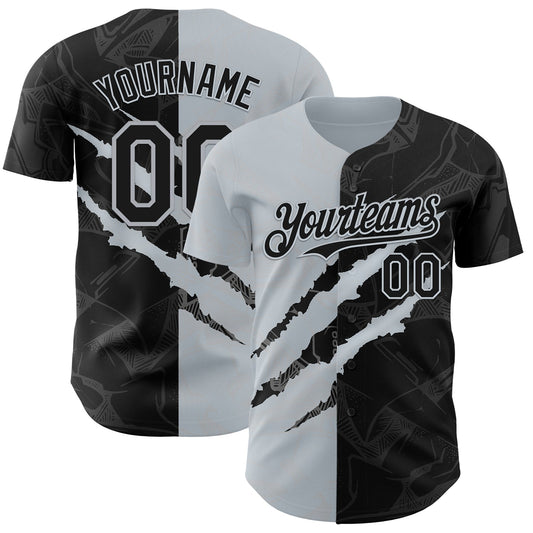 Custom Graffiti Pattern Black-Silver 3D Scratch Authentic Baseball Jersey - Sky-Custom