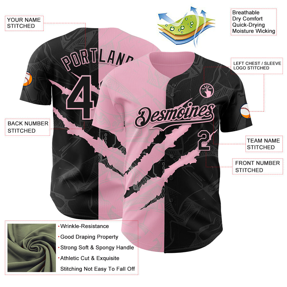 Custom Graffiti Pattern Black-Light Pink 3D Scratch Authentic Baseball Jersey - Sky-Custom