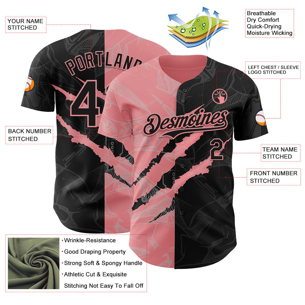 Custom Graffiti Pattern Black-Medium Pink 3D Scratch Authentic Baseball Jersey - Sky-Custom
