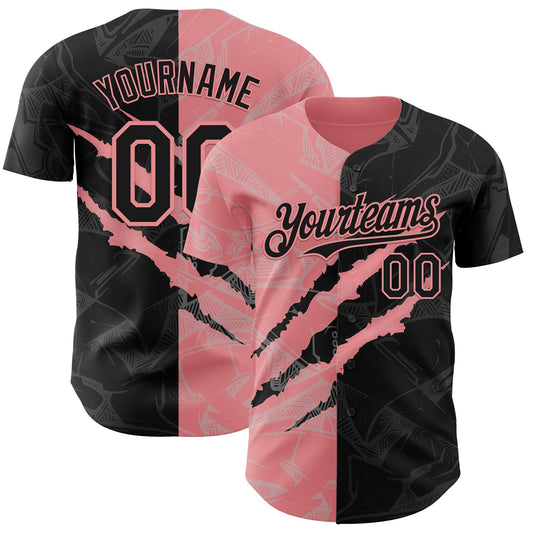 Custom Graffiti Pattern Black-Medium Pink 3D Scratch Authentic Baseball Jersey - Sky-Custom