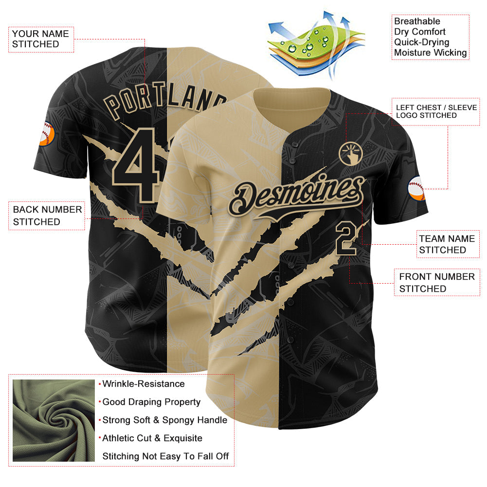 Custom Graffiti Pattern Black-Vegas Gold 3D Scratch Authentic Baseball Jersey - Sky-Custom