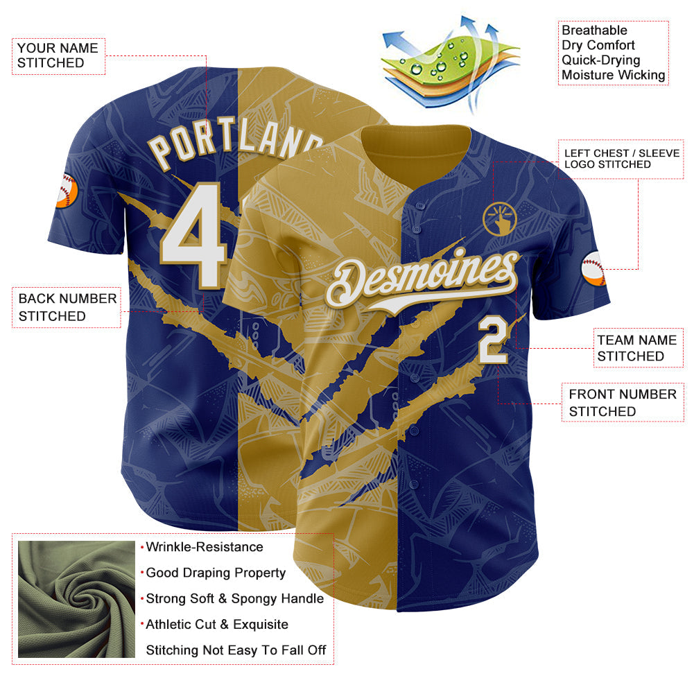 Custom Graffiti Pattern White Royal-Old Gold 3D Scratch Authentic Baseball Jersey - Sky-Custom
