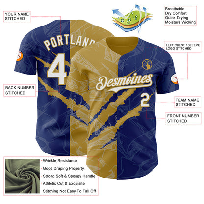 Custom Graffiti Pattern White Royal-Old Gold 3D Scratch Authentic Baseball Jersey - Sky-Custom