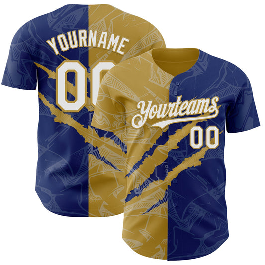 Custom Graffiti Pattern White Royal-Old Gold 3D Scratch Authentic Baseball Jersey - Sky-Custom