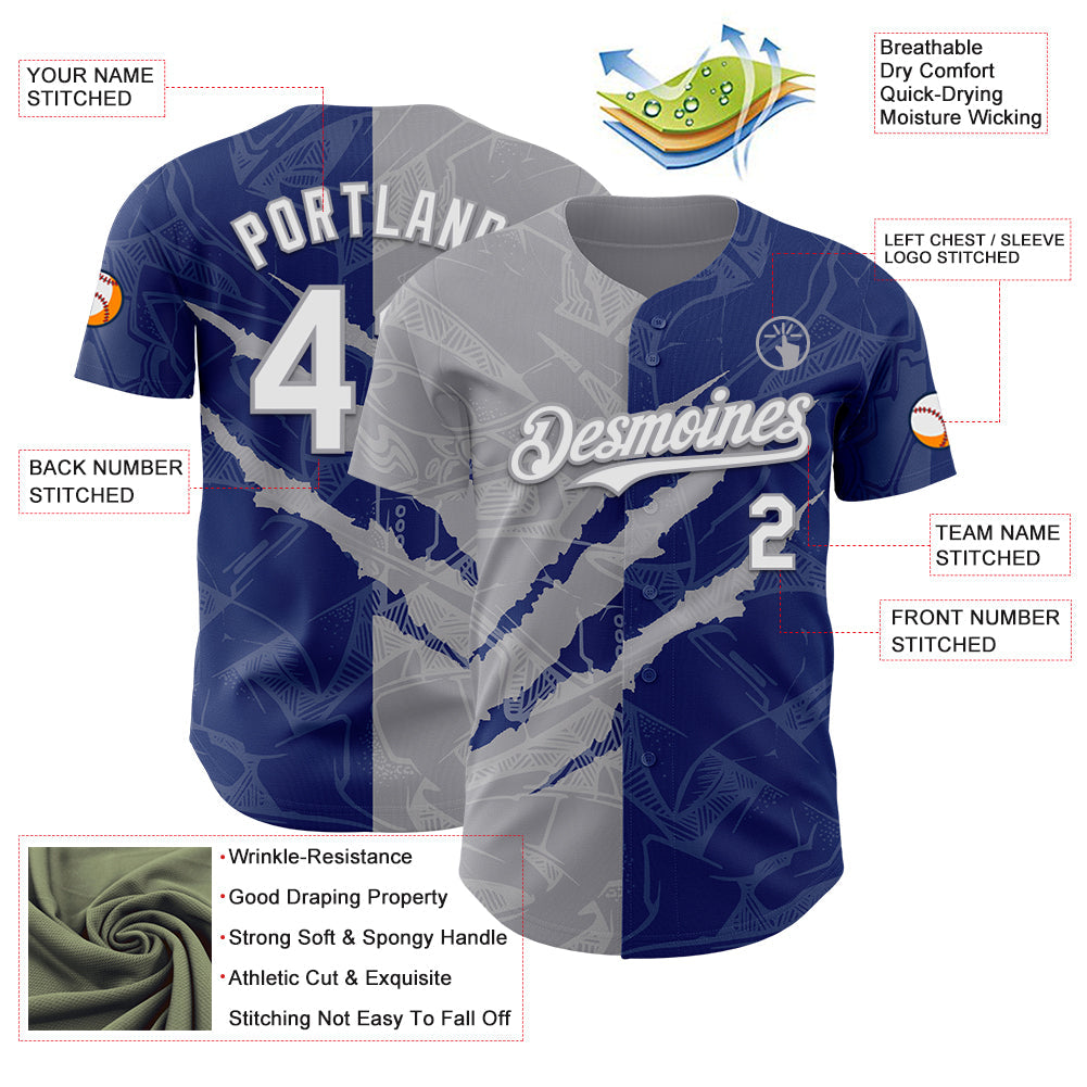 Custom Graffiti Pattern White Royal-Gray 3D Scratch Authentic Baseball Jersey - Sky-Custom