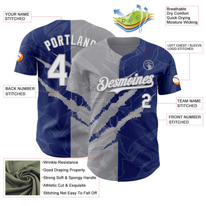 Custom Graffiti Pattern White Royal-Gray 3D Scratch Authentic Baseball Jersey - Sky-Custom