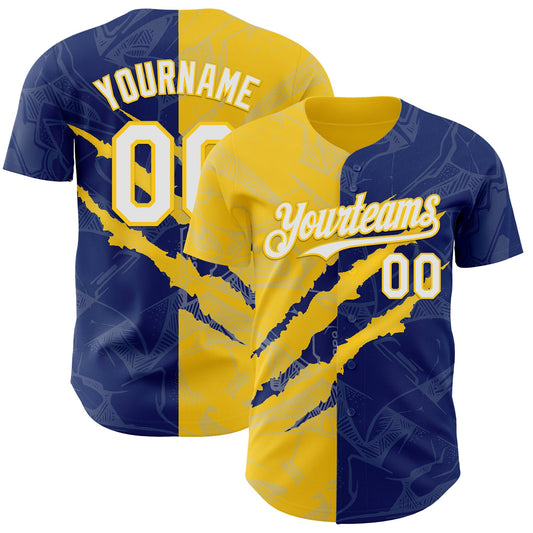 Custom Graffiti Pattern White Royal-Yellow 3D Scratch Authentic Baseball Jersey - Sky-Custom